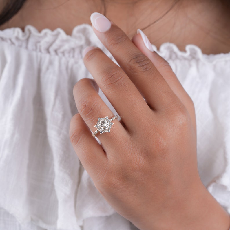 1.00 CT Hexagon Lab Grown Diamond Engagement Ring,Lab Diamond Wedding Ring,Cluster Halo Ring,Anniversary Ring,Gift For Wife