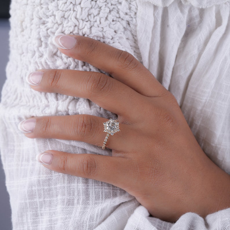 1.00 CT Hexagon Lab Grown Diamond Engagement Ring,Lab Diamond Wedding Ring,Cluster Halo Ring,Anniversary Ring,Gift For Wife