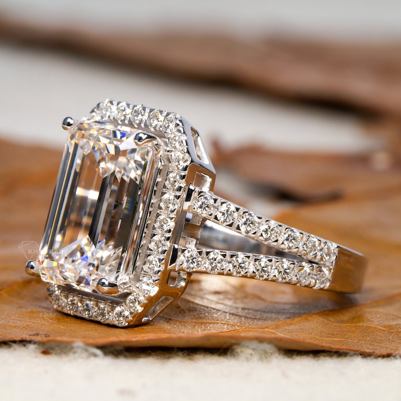 3.00CT Emerald Cut Lab Diamond Split Shank Halo Ring