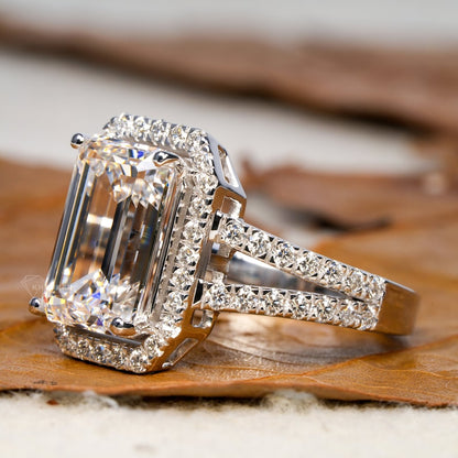3.00CT Emerald Cut Lab Diamond Split Shank Halo Ring