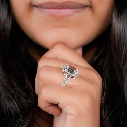 3.00CT Emerald Cut Lab Diamond Split Shank Halo Ring