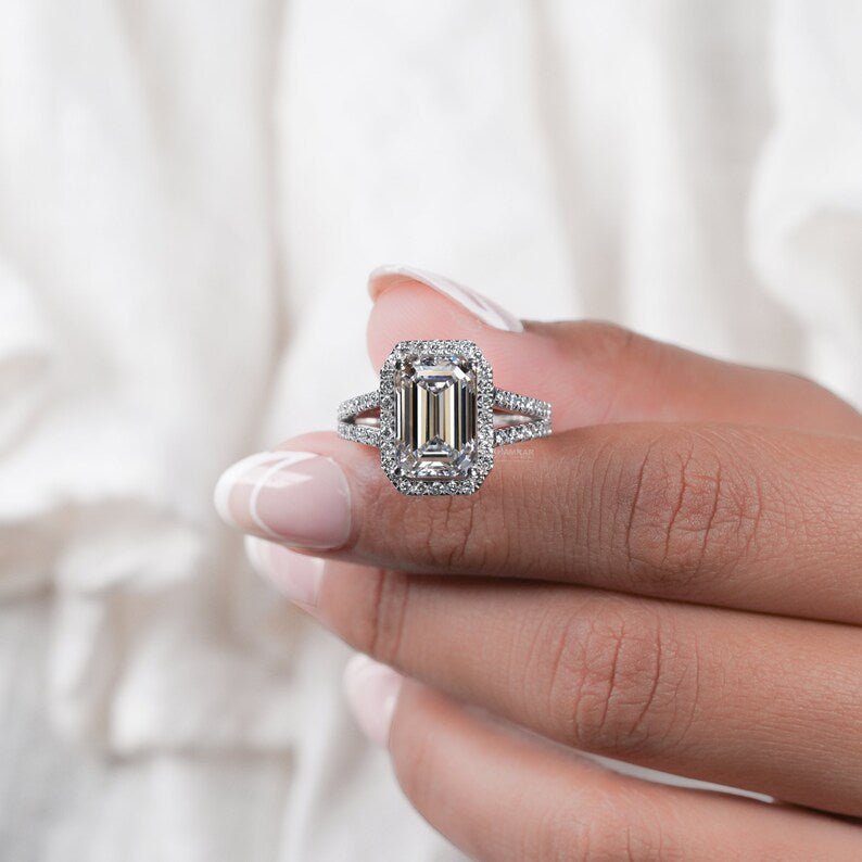 3.00CT Emerald Cut Lab Diamond Split Shank Halo Ring