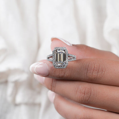 3.00CT Emerald Cut Lab Diamond Split Shank Halo Ring