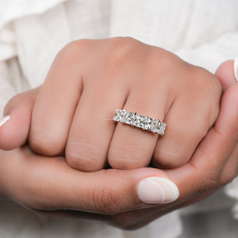 Princess Cut Lab Grown Diamond Band,Five Stone Wedding Band,Stackable Diamond Band,Half Eternity Ring,Anniversary Band,Gift For Her