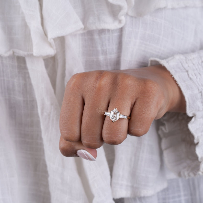 Dutch Marquise Lab Diamond Ring, 2CT Three Stone Baguette Ring