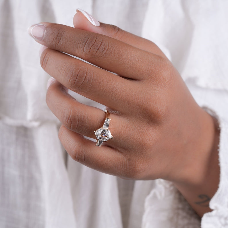 Dutch Marquise Lab Diamond Ring, 2CT Three Stone Baguette Ring