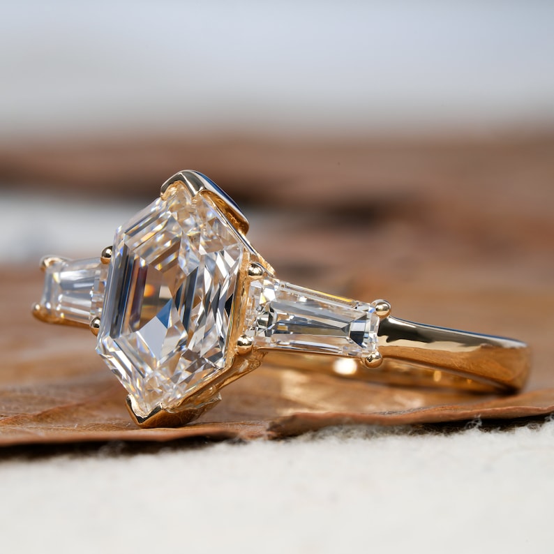 Dutch Marquise Lab Diamond Ring, 2CT Three Stone Baguette Ring