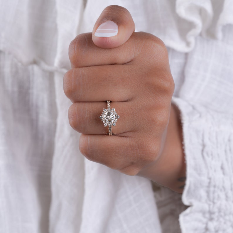 1.00 CT Hexagon Lab Grown Diamond Engagement Ring,Lab Diamond Wedding Ring,Cluster Halo Ring,Anniversary Ring,Gift For Wife