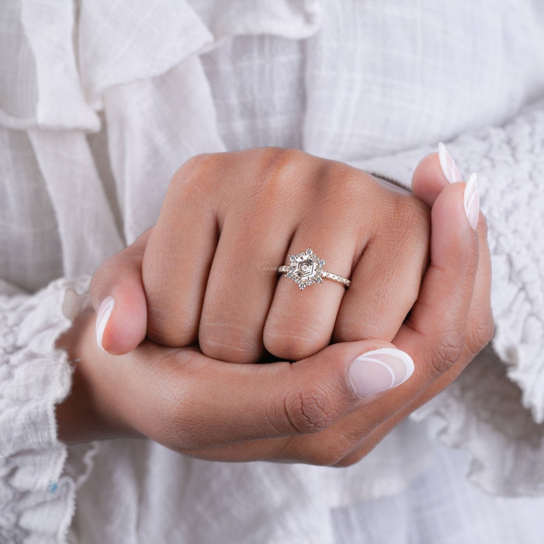 1.00 CT Hexagon Lab Grown Diamond Engagement Ring,Lab Diamond Wedding Ring,Cluster Halo Ring,Anniversary Ring,Gift For Wife