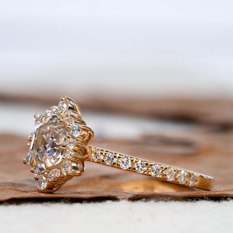 1.00 CT Hexagon Lab Grown Diamond Engagement Ring,Lab Diamond Wedding Ring,Cluster Halo Ring,Anniversary Ring,Gift For Wife