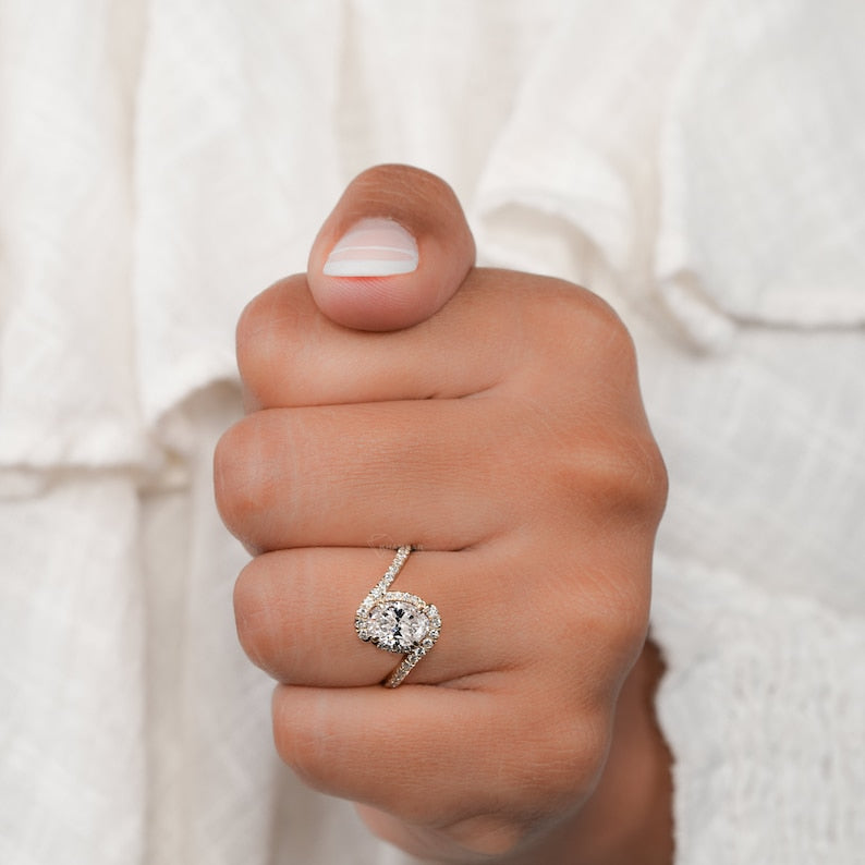 Oval Lab Diamond Bypass Pave Engagement Ring