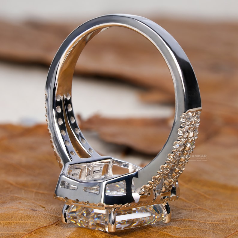 3.00CT Emerald Cut Lab Diamond Split Shank Halo Ring