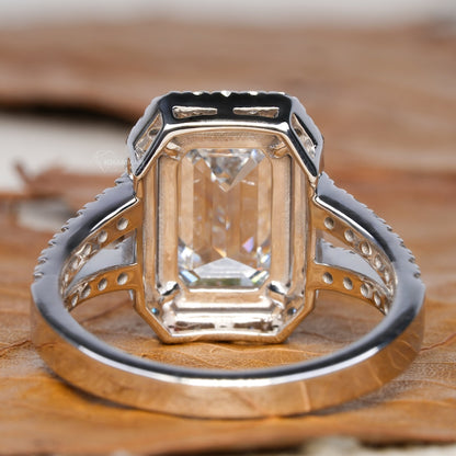 3.00CT Emerald Cut Lab Diamond Split Shank Halo Ring