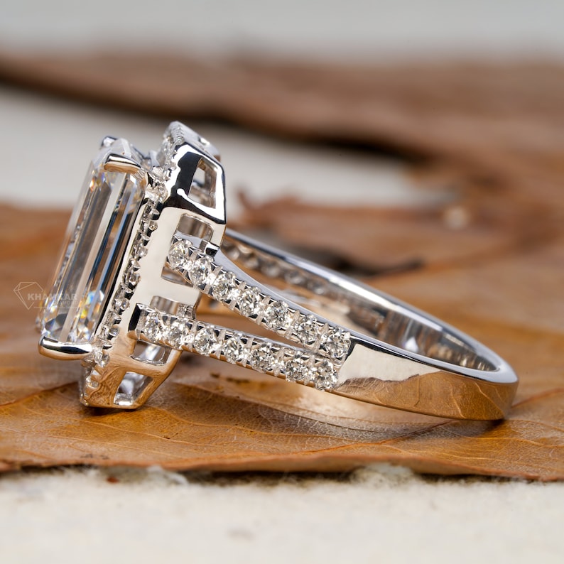 3.00CT Emerald Cut Lab Diamond Split Shank Halo Ring