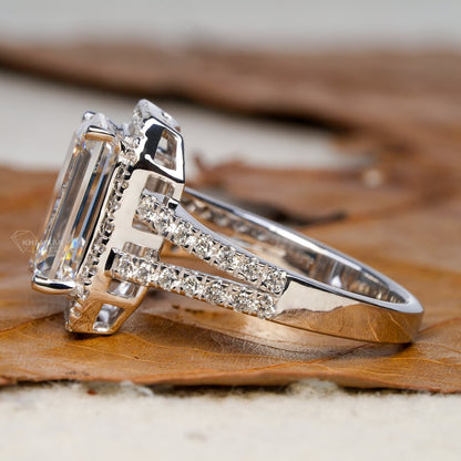 3.00CT Emerald Cut Lab Diamond Split Shank Halo Ring