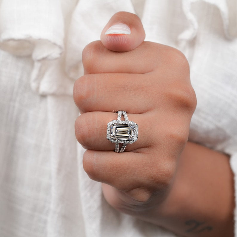 3.00CT Emerald Cut Lab Diamond Split Shank Halo Ring