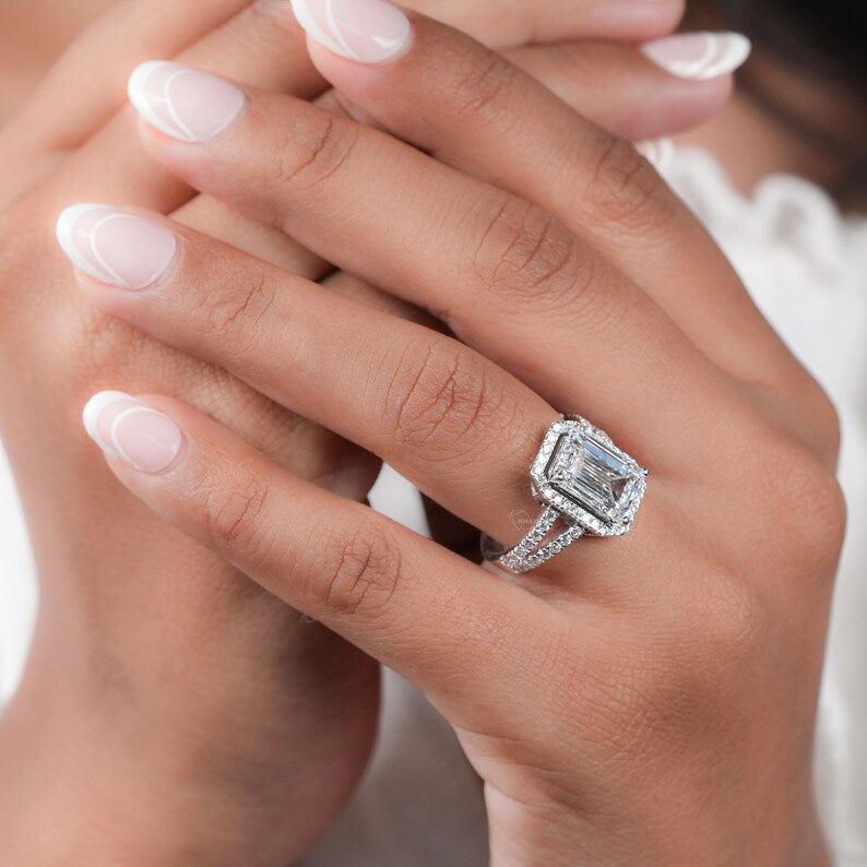 3.00CT Emerald Cut Lab Diamond Split Shank Halo Ring