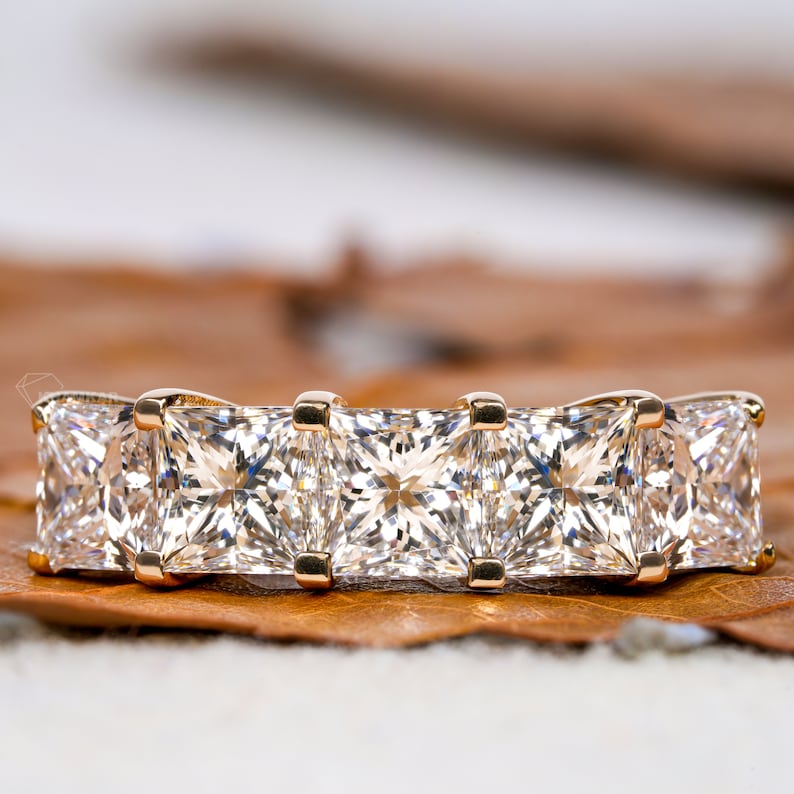 Princess Cut Lab Grown Diamond Band,Five Stone Wedding Band,Stackable Diamond Band,Half Eternity Ring,Anniversary Band,Gift For Her