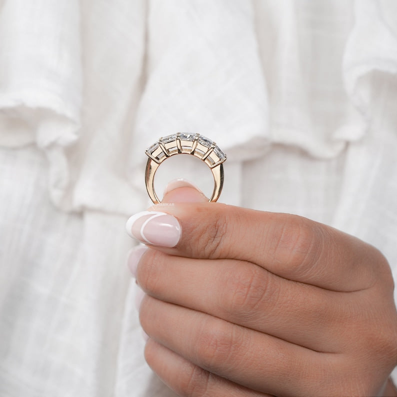 Princess Cut Lab Grown Diamond Band,Five Stone Wedding Band,Stackable Diamond Band,Half Eternity Ring,Anniversary Band,Gift For Her