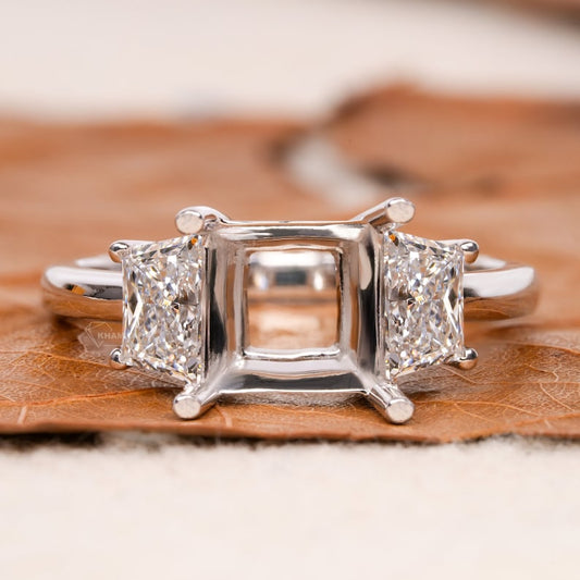 Trapezoid Cut Lab Diamond Accents For Princess Shape Ring,Princess Shape Semi Mount Ring Setting,Handcrafted Diamond Engagement Ring For Her