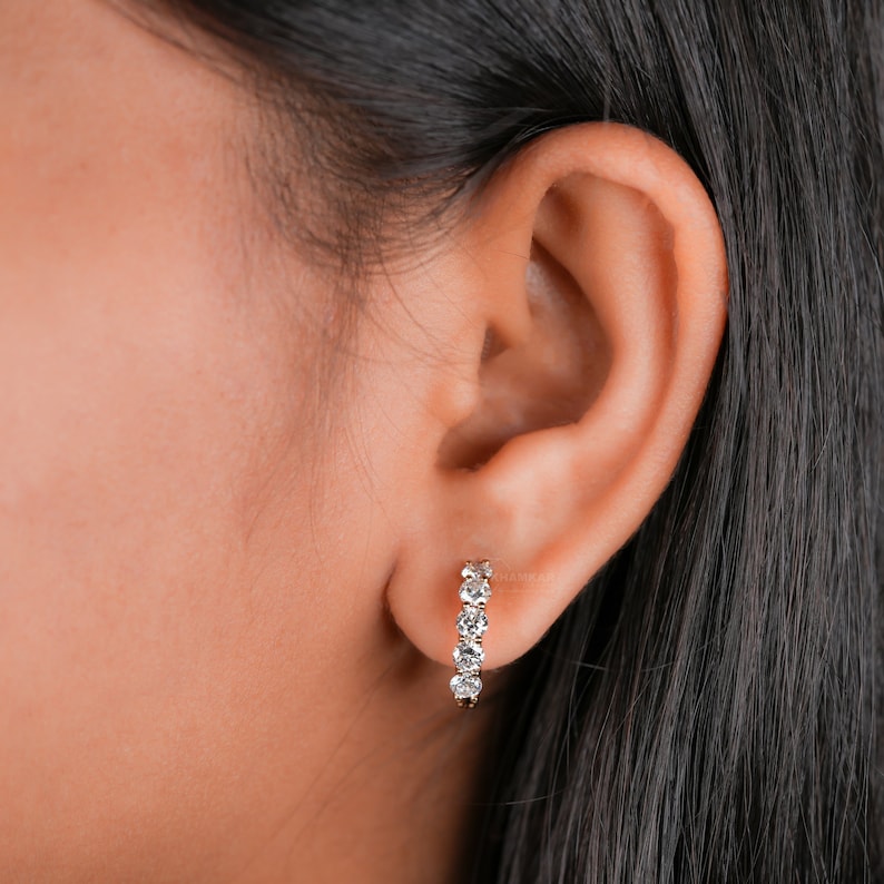 Round Lab Grown Diamond Earrings,18 K White Gold Hoop Earrings For Her,Delicate Diamond Huggies Earrings,Anniversary Gift For Wife,CVD