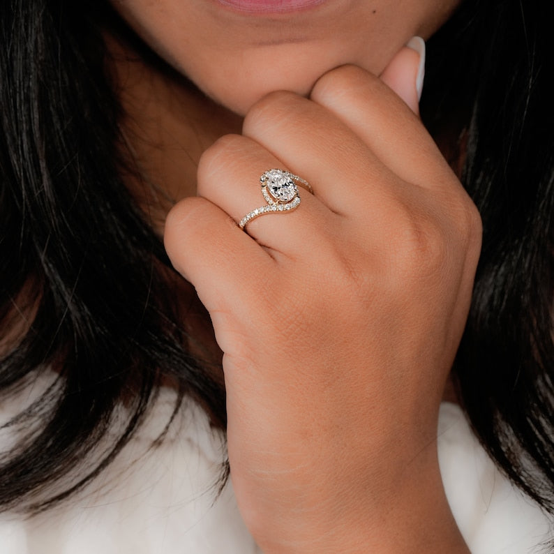 Oval Lab Diamond Bypass Pave Engagement Ring