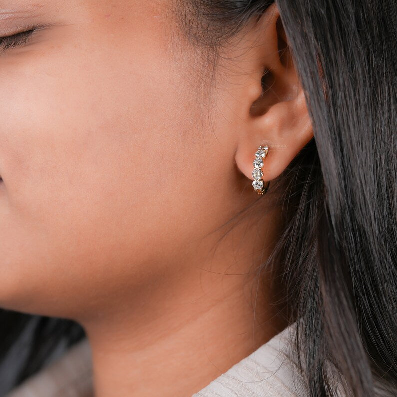 Round Lab Grown Diamond Earrings,18 K White Gold Hoop Earrings For Her,Delicate Diamond Huggies Earrings,Anniversary Gift For Wife,CVD