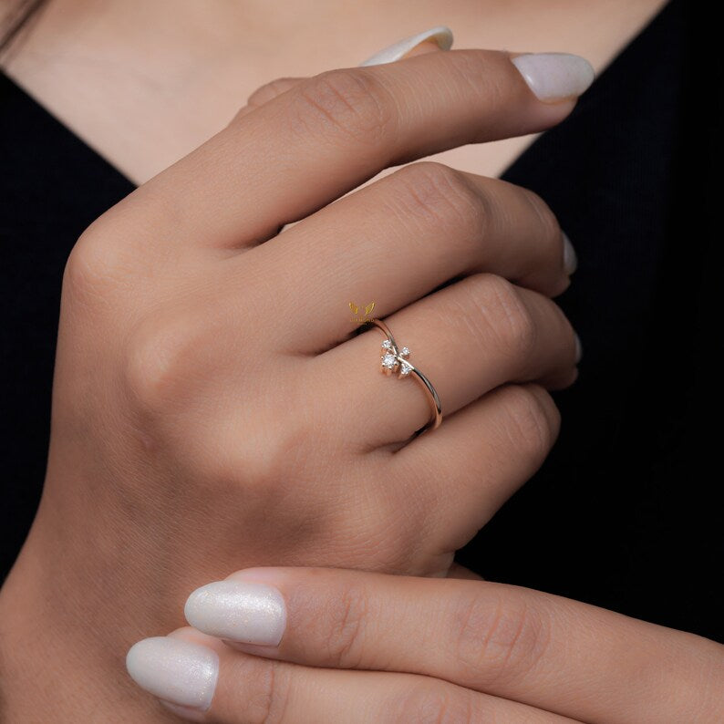 Lab Diamond Chevron Ring 14K Gold Wishbone Wedding Band