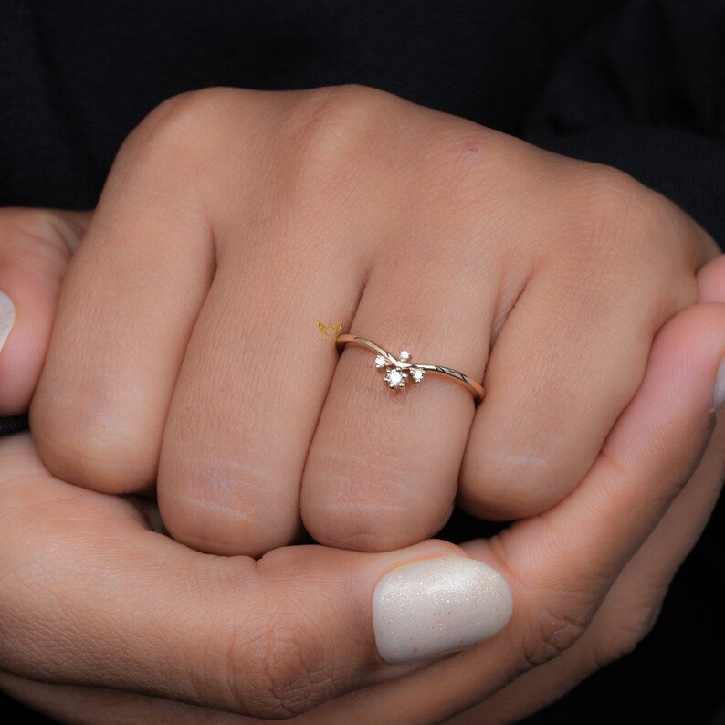 Lab Diamond Chevron Ring 14K Gold Wishbone Wedding Band