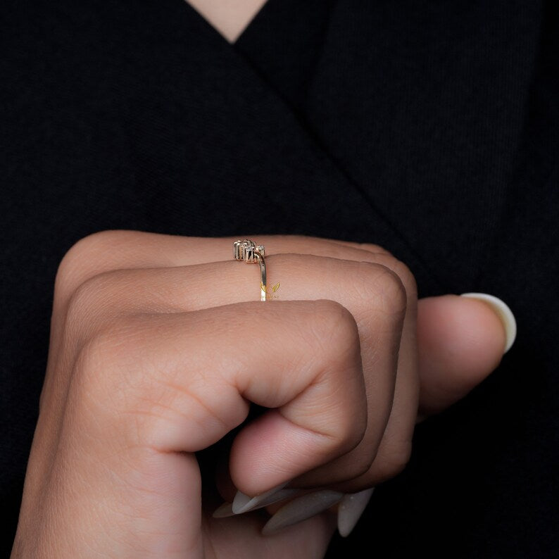 Lab Diamond Chevron Ring 14K Gold Wishbone Wedding Band