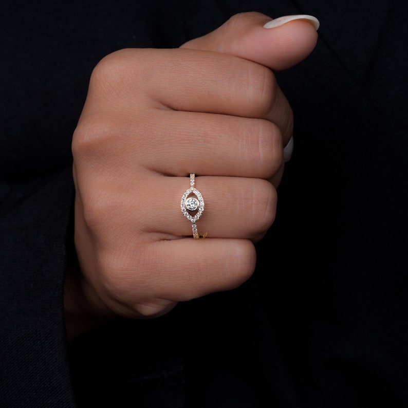 Evil Eye Lab Diamond Ring 14K Gold Dainty Protection Ring