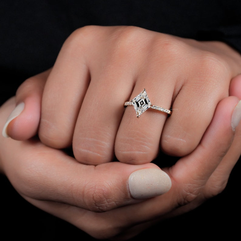 Lozenge Lab Diamond Engagement Ring, Pave Halo Ring