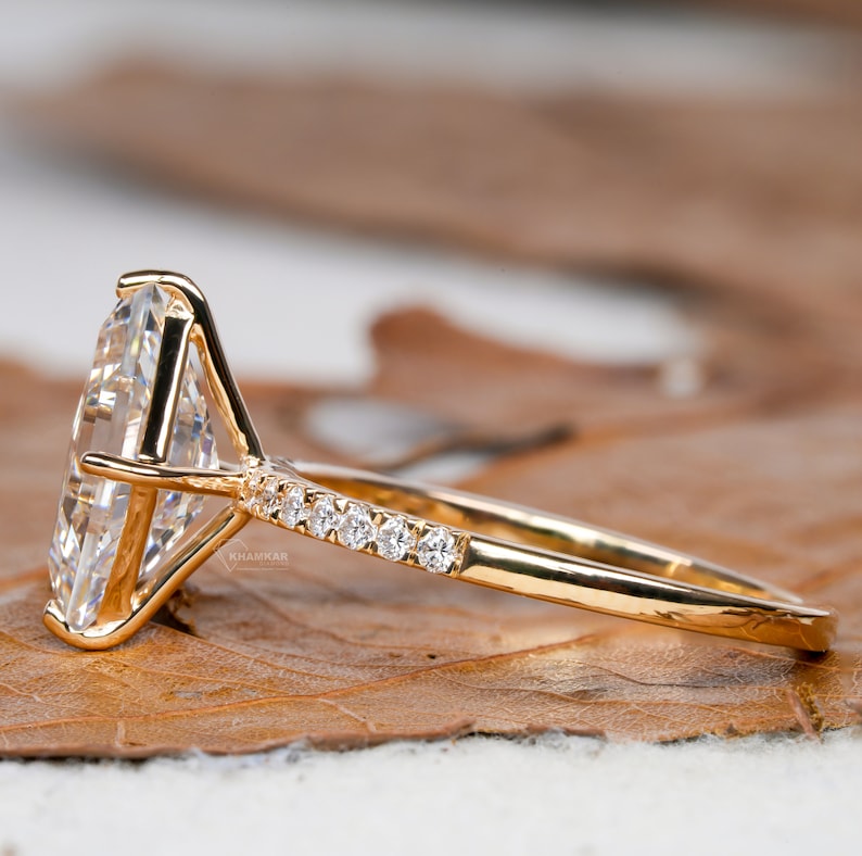 Lozenge Lab Diamond Engagement Ring, Pave Halo Ring