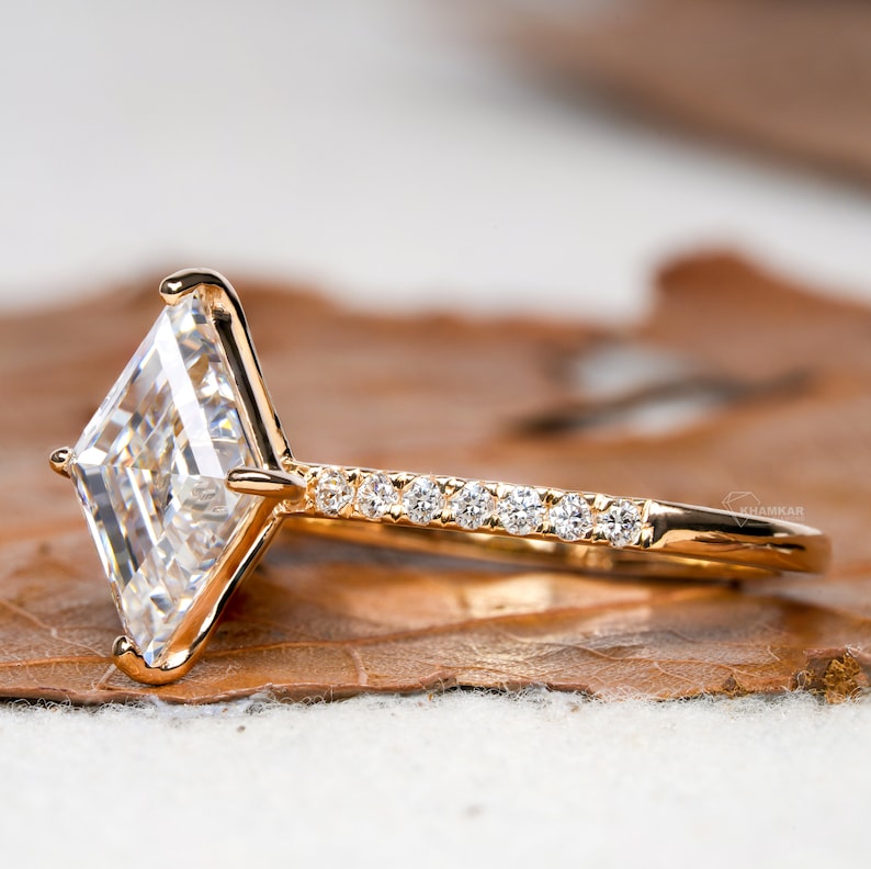 Lozenge Lab Diamond Engagement Ring, Pave Halo Ring