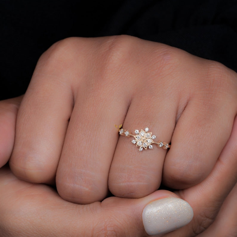 Lab Diamond Snowflake Ring 14K Gold, Minimal Cluster Ring