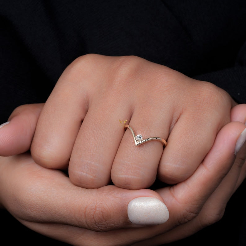 Lab Diamond Chevron Ring 14K Gold V Shape Wedding Band