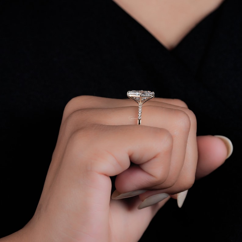 Lozenge Lab Diamond Engagement Ring, Pave Halo Ring