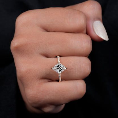 Lozenge Lab Diamond Engagement Ring, Pave Halo Ring