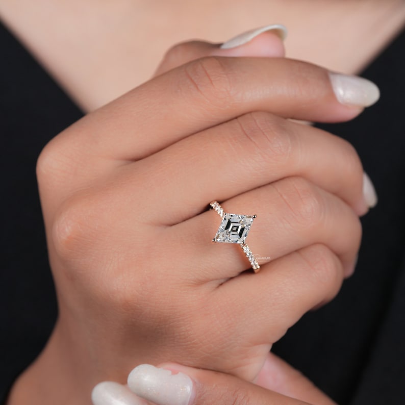 Lozenge Lab Diamond Engagement Ring, Pave Halo Ring