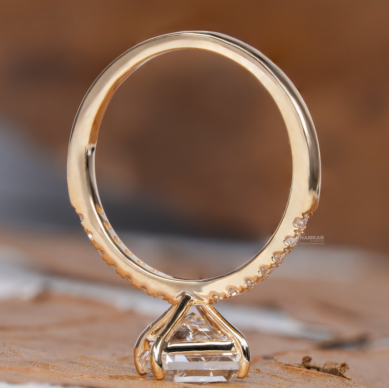 Lozenge Lab Diamond Engagement Ring, Pave Halo Ring