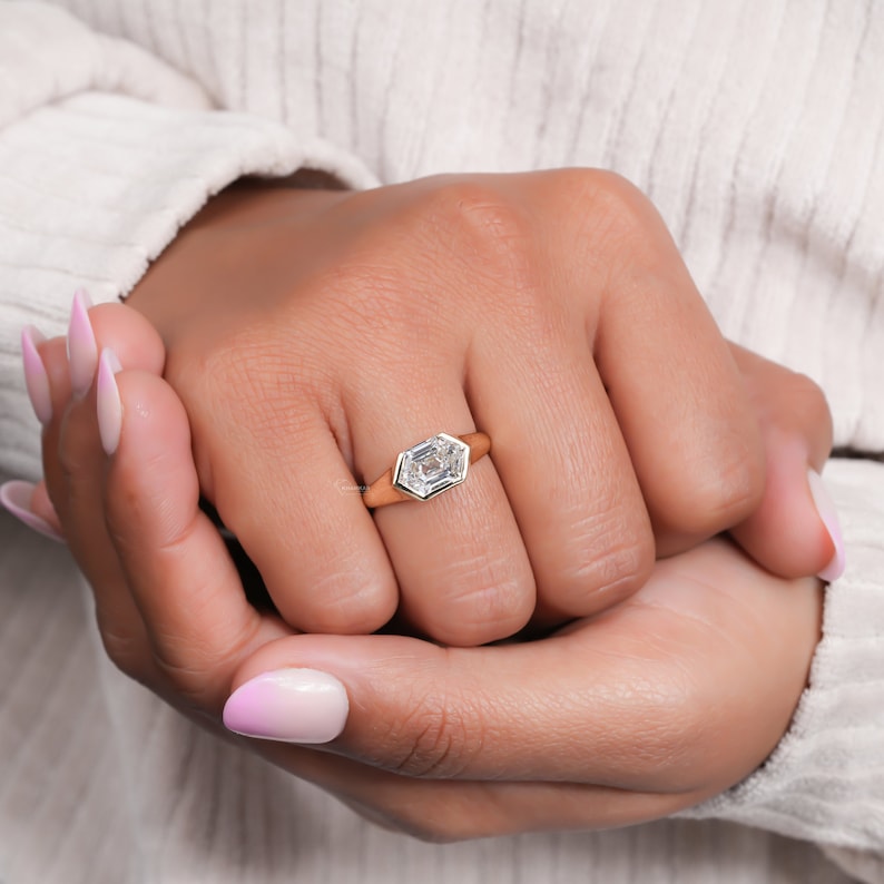 2.00CT Hexagon Lab Diamond Ring, East-West Bezel Solitaire Ring