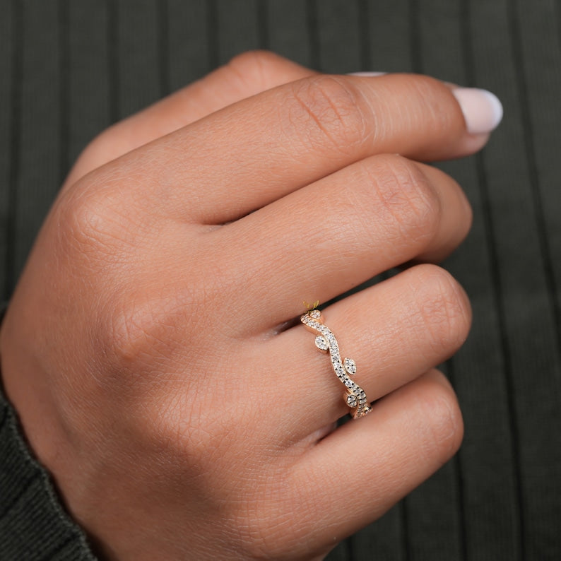 Lab Diamond Leaf Ring – Half Eternity Nature Inspired Wedding Band