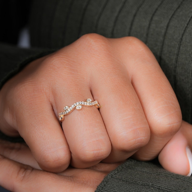 Lab Diamond Leaf Ring – Half Eternity Nature Inspired Wedding Band