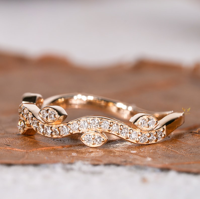 Lab Diamond Leaf Ring – Half Eternity Nature Inspired Wedding Band