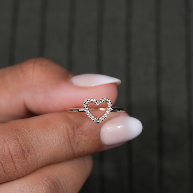 Lab Diamond Heart Ring 14K Gold Minimalist Love Ring