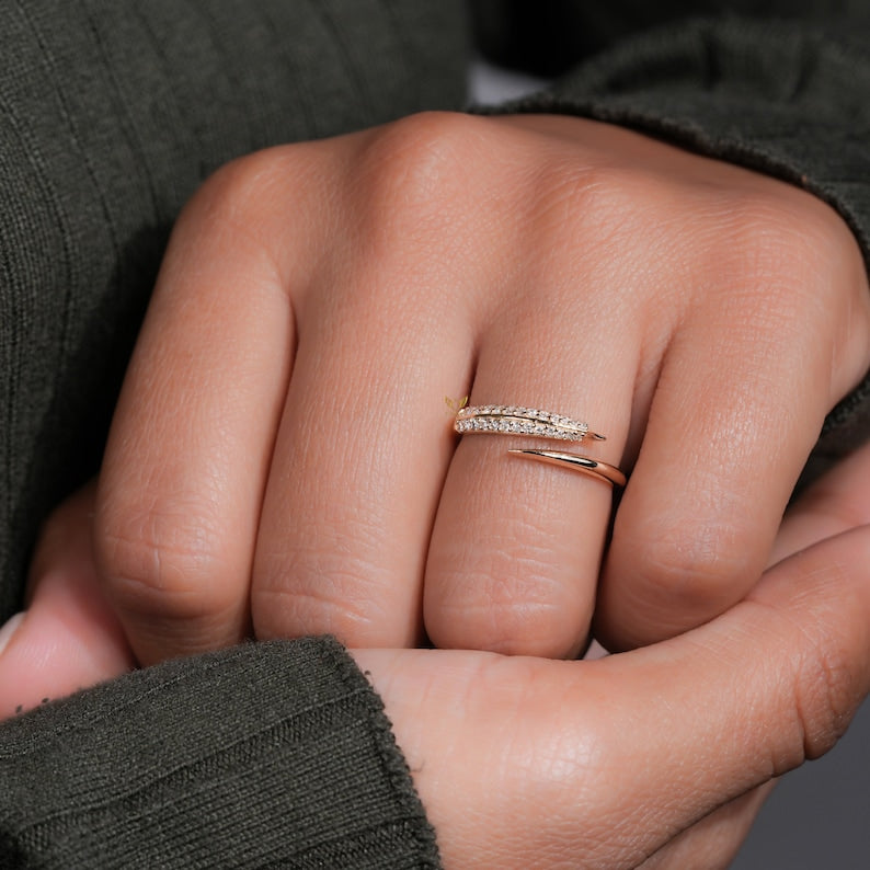 Lab Diamond Bypass Wrap Ring – 14K Gold Adjustable Cuff Ring