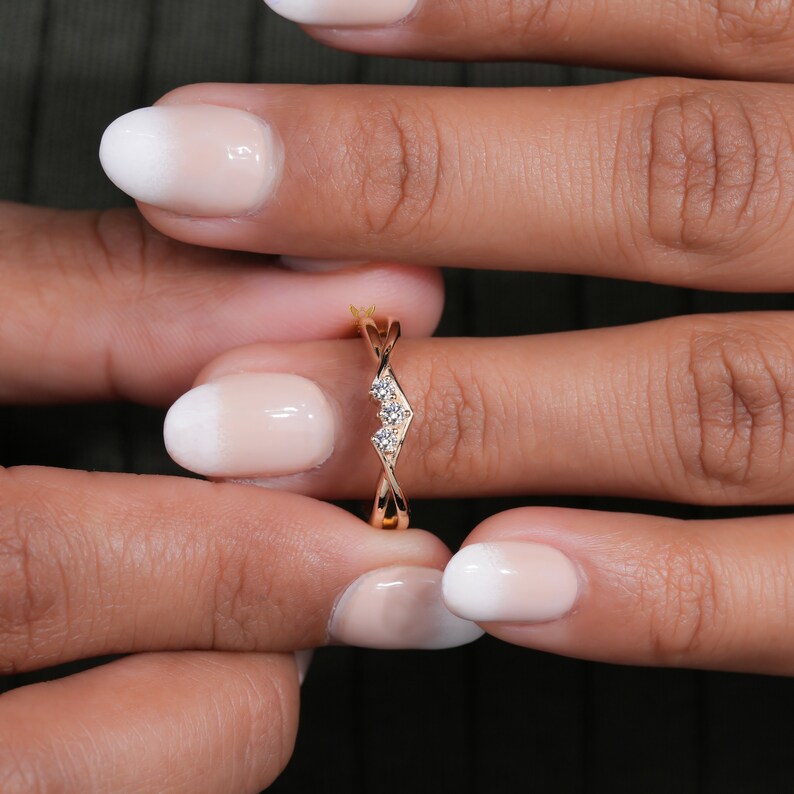 Minimal Twisted Lab Diamond Band Three Stone Engagement Ring