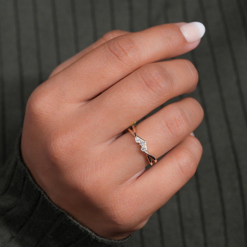 Minimal Twisted Lab Diamond Band Three Stone Engagement Ring