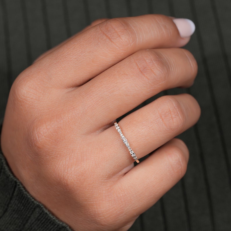 Lab Diamond Wedding Ring, 14K Gold Wavy Band, Dainty Ring