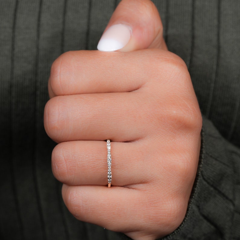 Lab Diamond Wedding Ring, 14K Gold Wavy Band, Dainty Ring